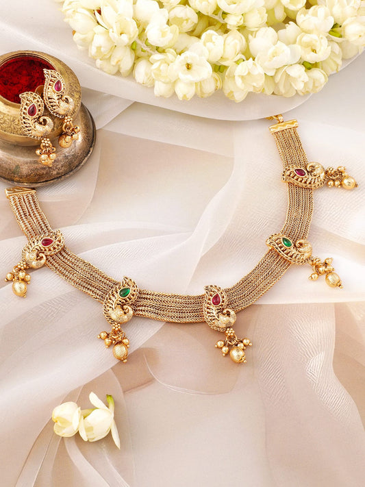 Rubans 22K Gold-Plated Ruby & Emerald Stone Handcrafted Necklace Set with Golden Beads