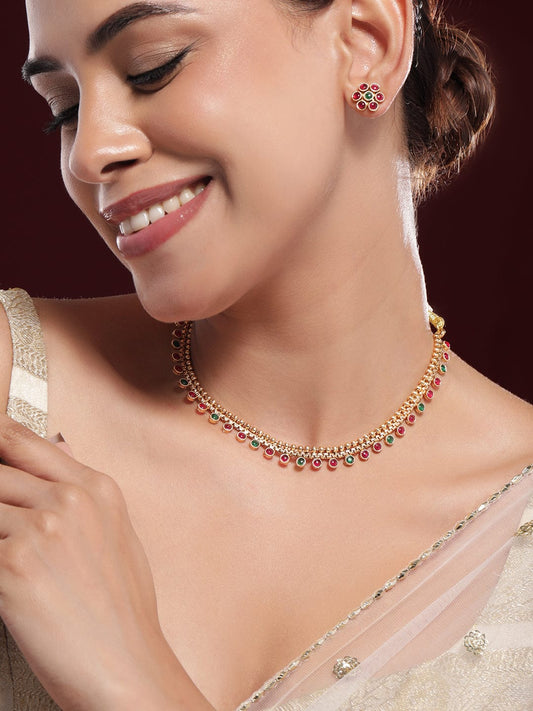 Rubans 22K Gold-Plated Ruby & Emerald Stone Studded Necklace Set with Floral Stud Earrings