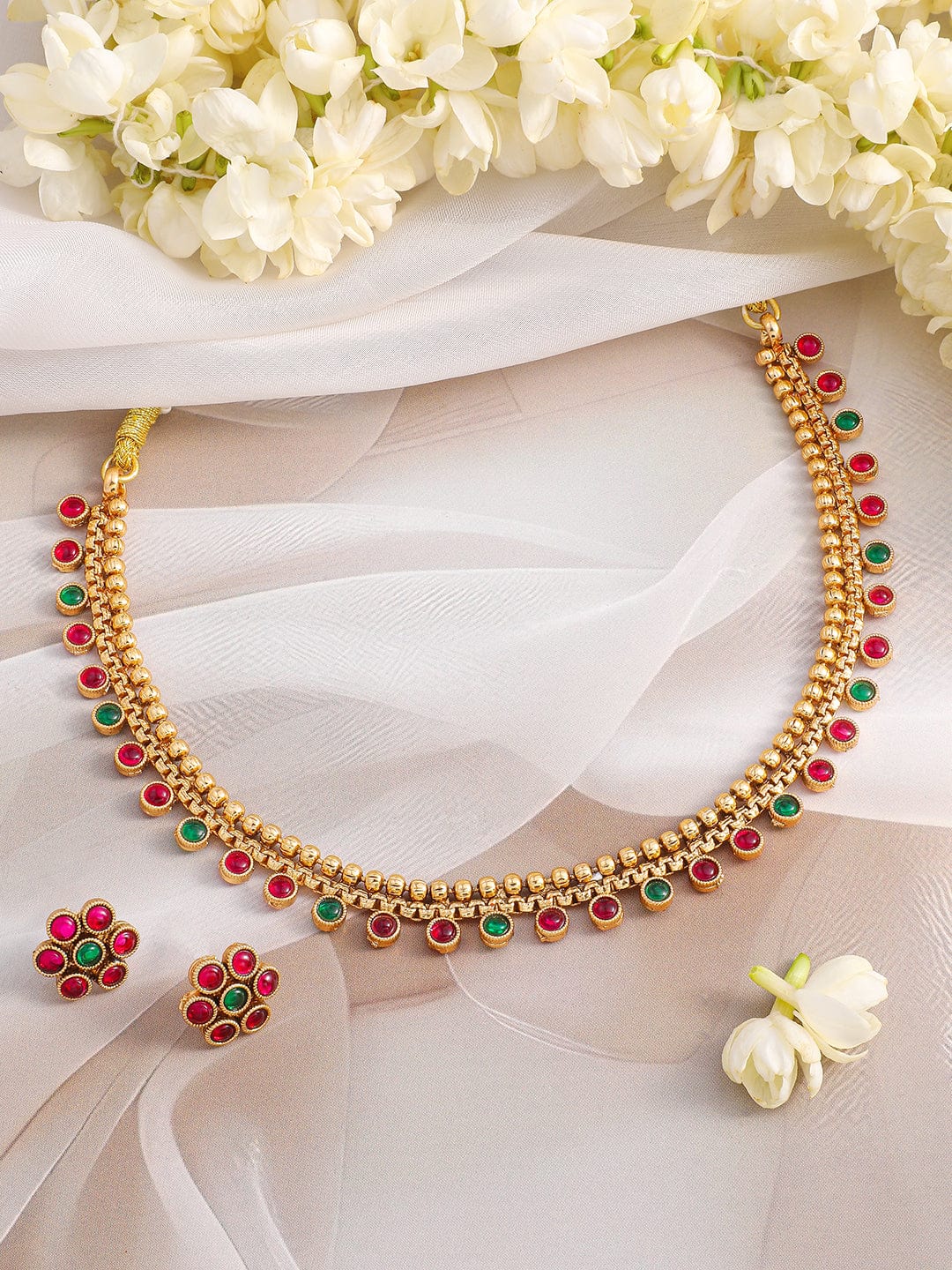 Rubans 22K Gold-Plated Ruby & Emerald Stone Studded Necklace Set with Floral Stud Earrings