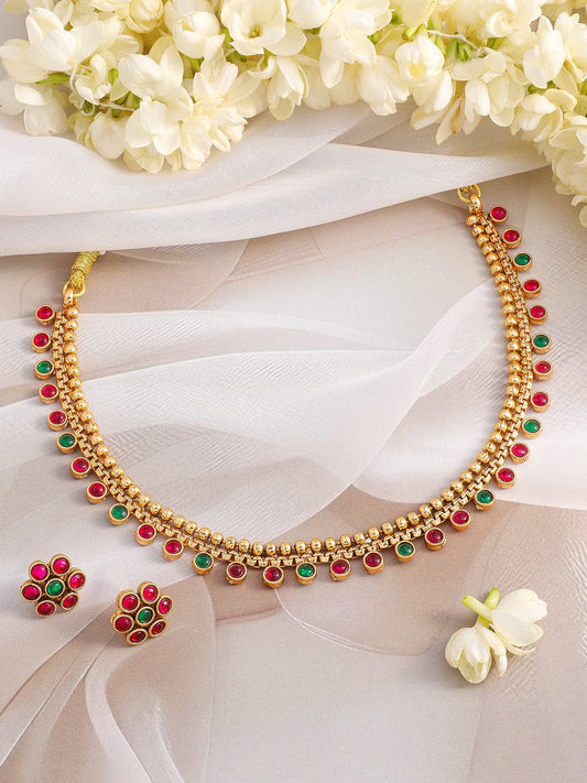 Rubans 22K Gold-Plated Ruby & Emerald Stone Studded Necklace Set with Floral Stud Earrings