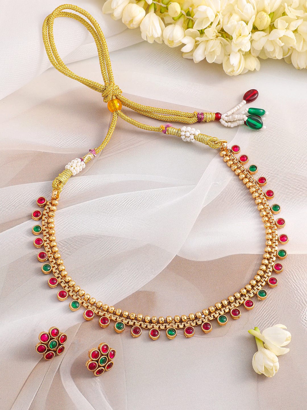 Rubans 22K Gold-Plated Ruby & Emerald Stone Studded Necklace Set with Floral Stud Earrings