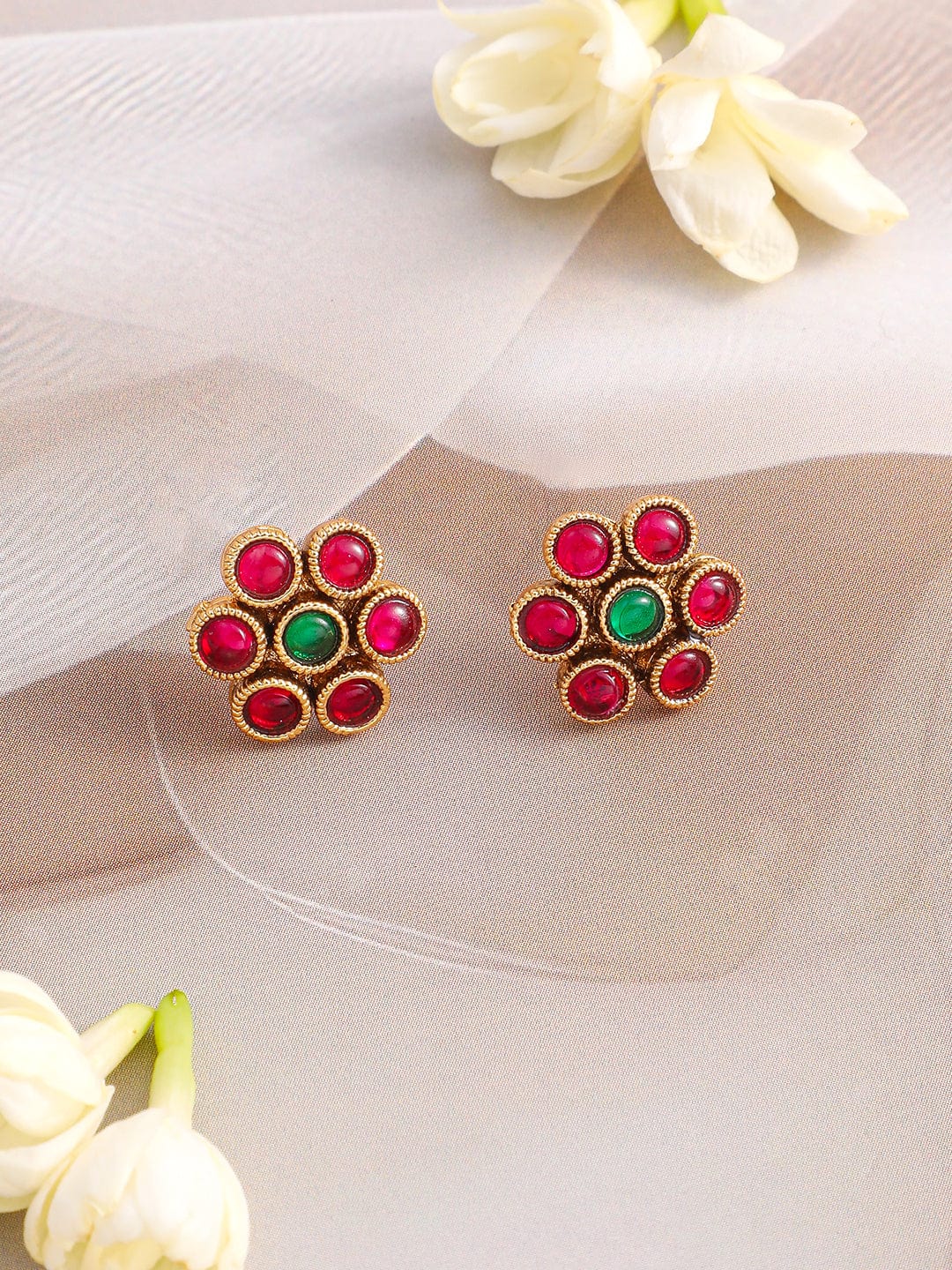 Rubans 22K Gold-Plated Ruby & Emerald Stone Studded Necklace Set with Floral Stud Earrings