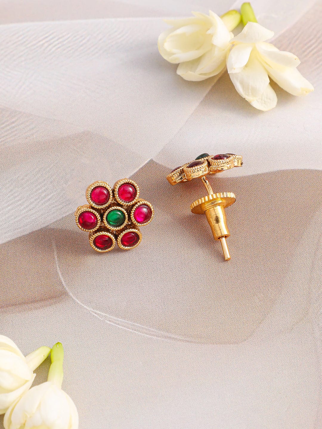 Rubans 22K Gold-Plated Ruby & Emerald Stone Studded Necklace Set with Floral Stud Earrings