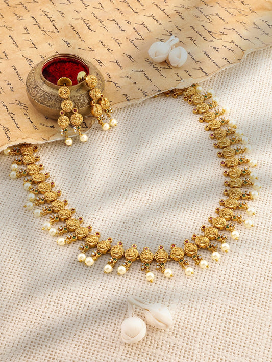 Rubans 22K Gold-Plated Ruby &Emerald-Studded Temple Necklace Set with Pearl Beaded Drops