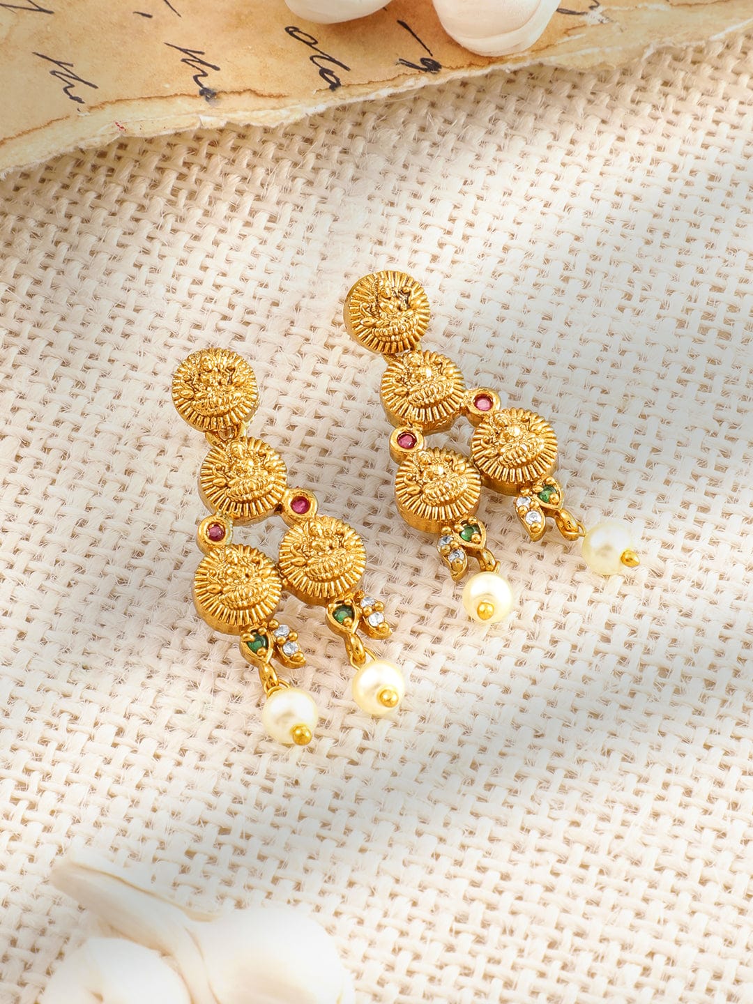 Rubans 22K Gold-Plated Ruby &Emerald-Studded Temple Necklace Set with Pearl Beaded Drops