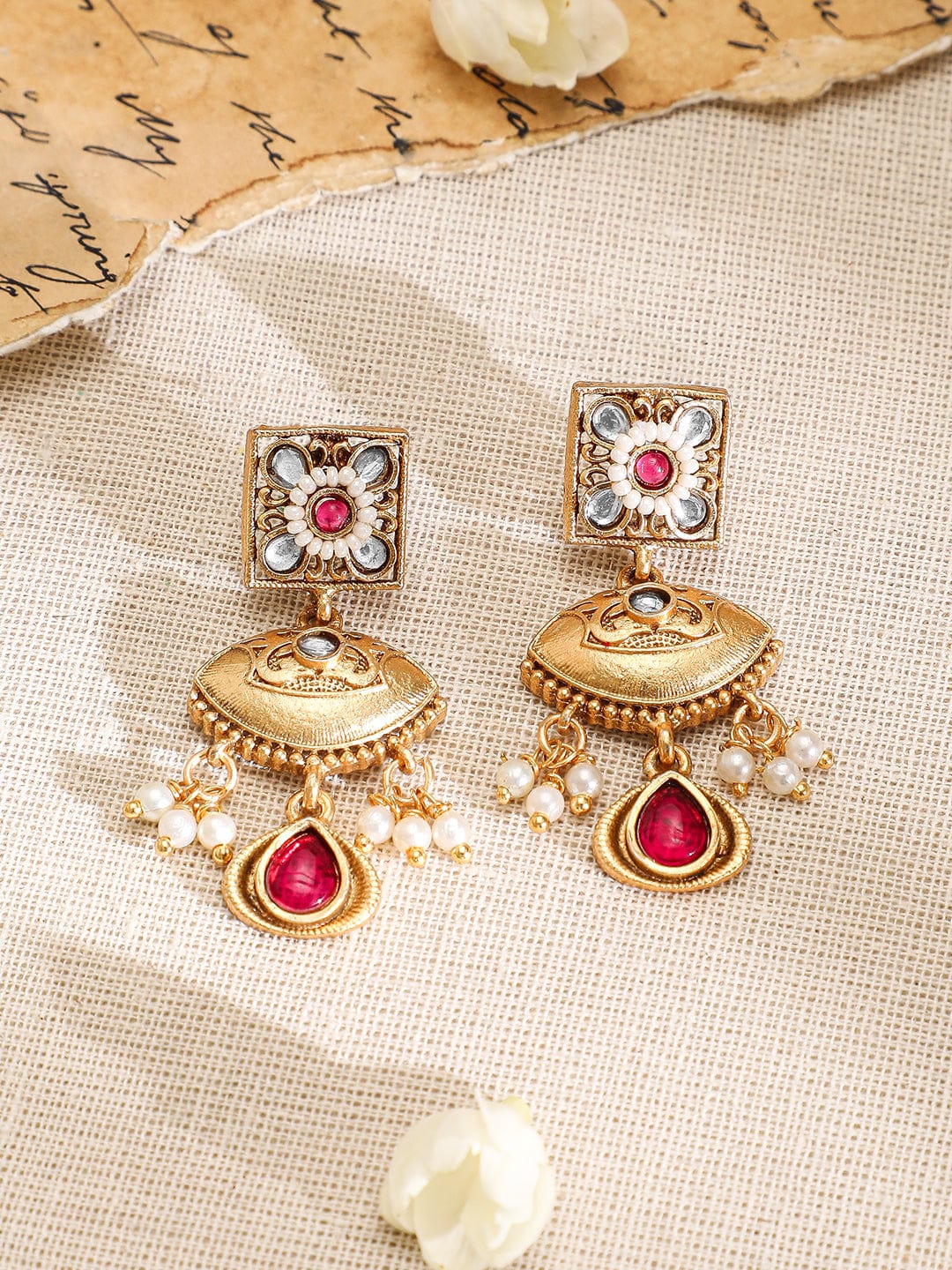 Rubans 22K Gold-Plated Ruby, Kundan & Multi-Strand Pearl Bead Detailing Necklace Set