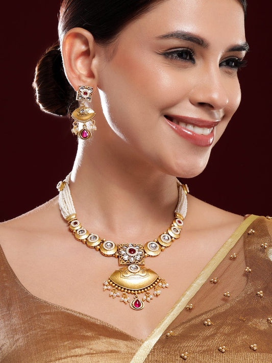 Rubans 22K Gold-Plated Ruby, Kundan & Multi-Strand Pearl Bead Detailing Necklace Set