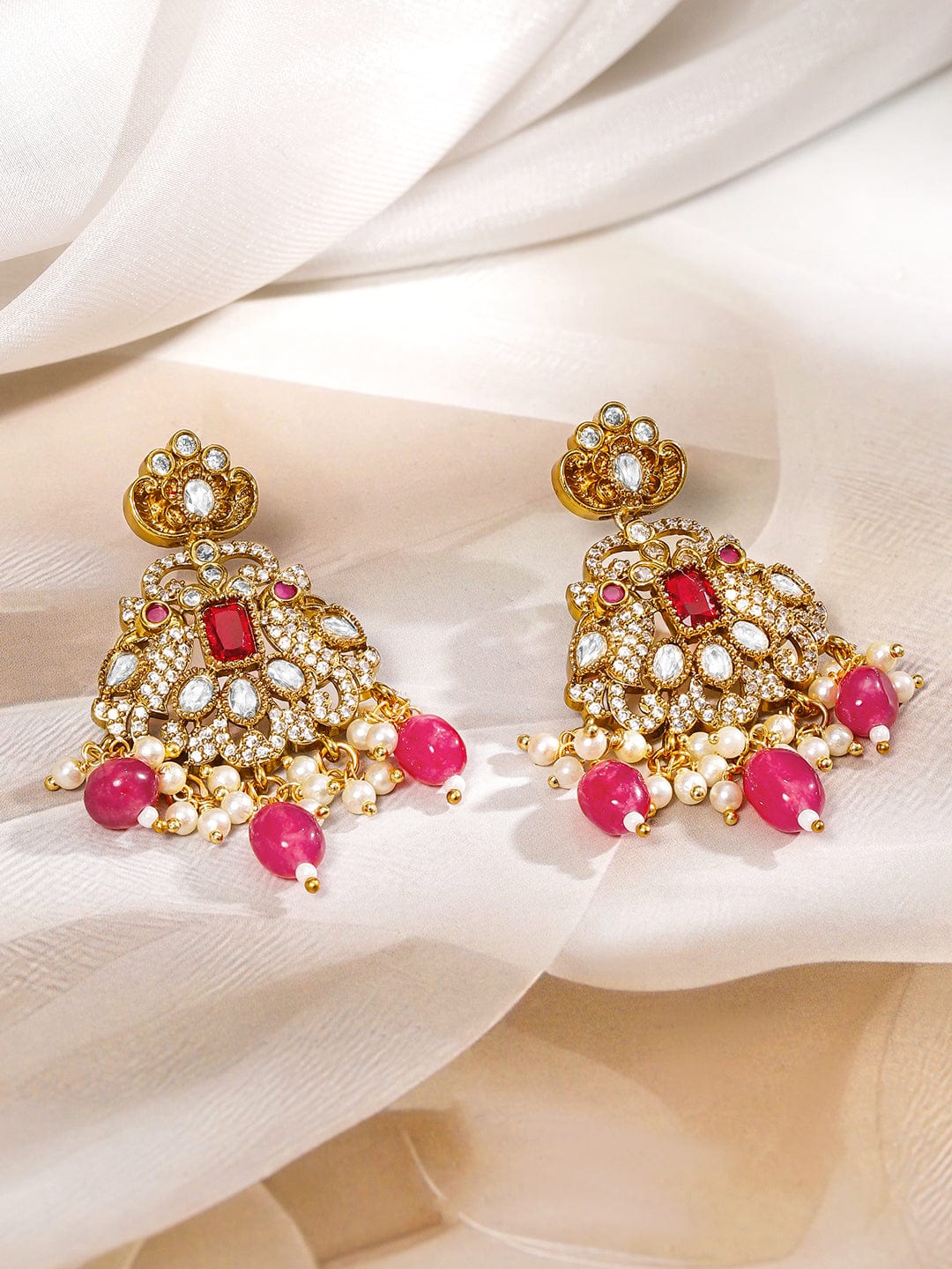 Rubans 22K Gold-Plated Ruby Pink & Cubic Zirconia Studded Long Necklace Set with Ruby Pink & White Pearls Beaded Accents