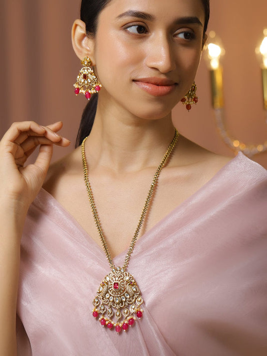 Rubans 22K Gold-Plated Ruby Pink & Cubic Zirconia Studded Long Necklace Set with Ruby Pink & White Pearls Beaded Accents