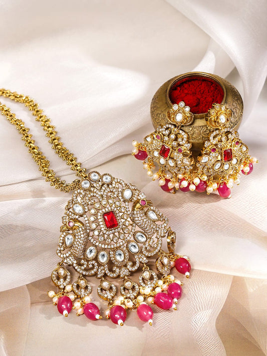 Rubans 22K Gold-Plated Ruby Pink & Cubic Zirconia Studded Long Necklace Set with Ruby Pink & White Pearls Beaded Accents
