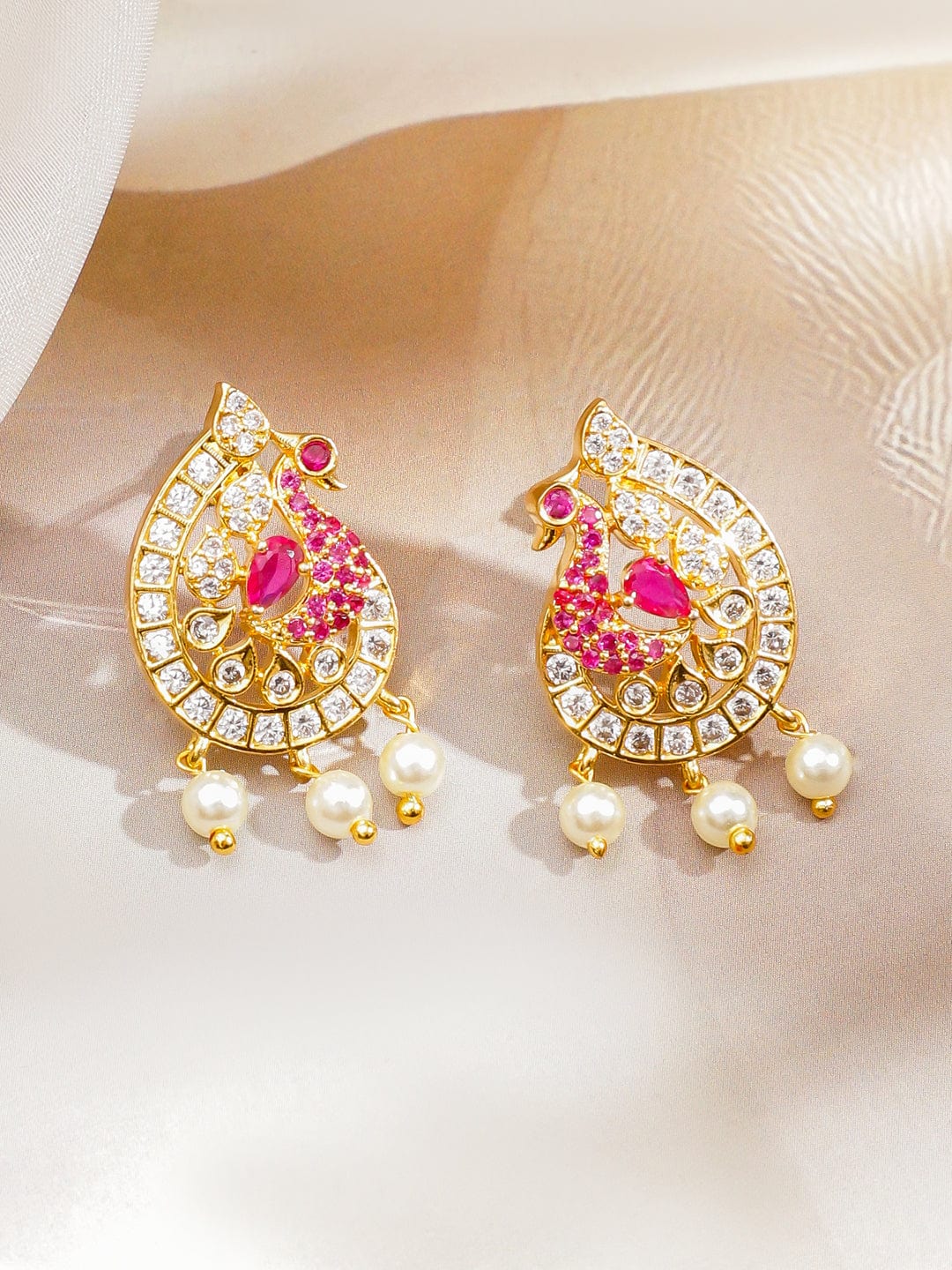 Rubans 22K Gold-Plated Ruby Pink, Cubic Zirconia & White Pearl Beaded Peacock Pendant Necklace Set