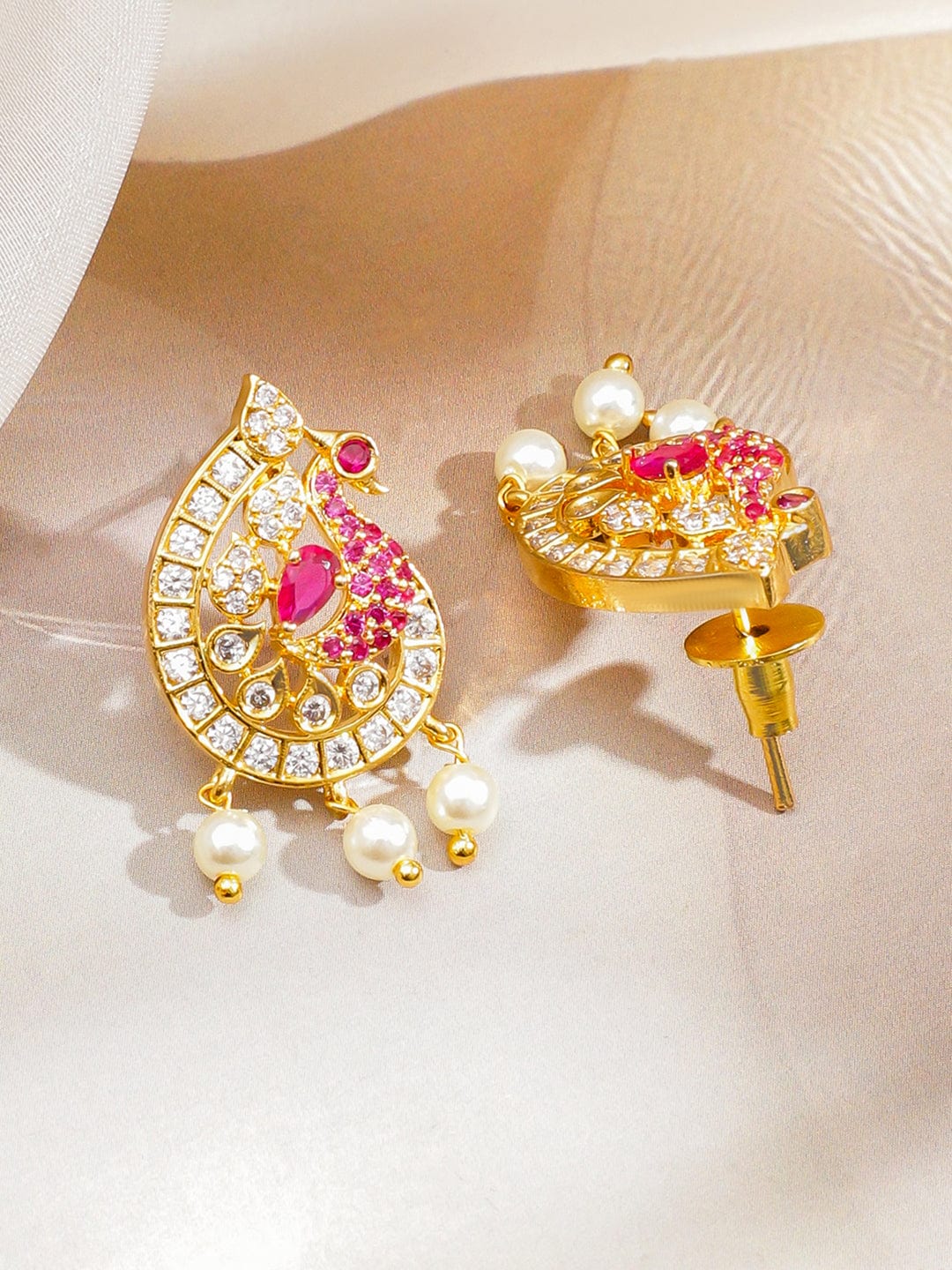 Rubans 22K Gold-Plated Ruby Pink, Cubic Zirconia & White Pearl Beaded Peacock Pendant Necklace Set