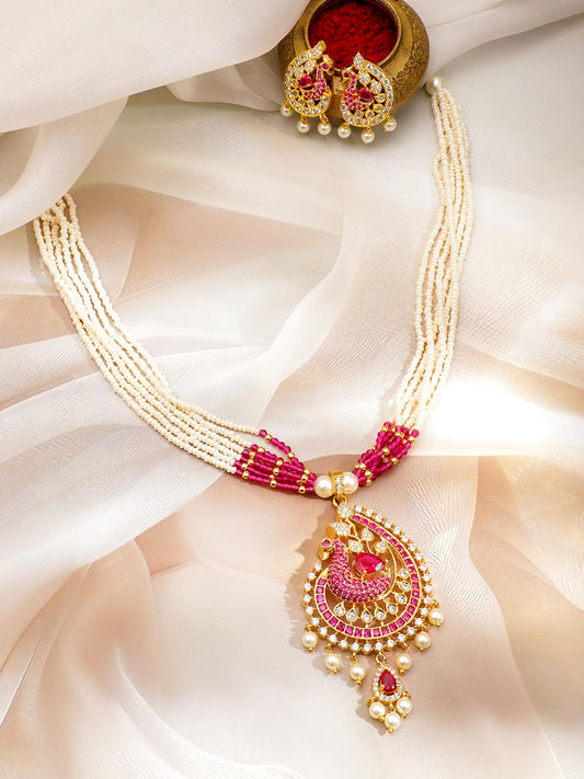 Rubans 22K Gold-Plated Ruby Pink, Cubic Zirconia & White Pearl Beaded Peacock Pendant Necklace Set