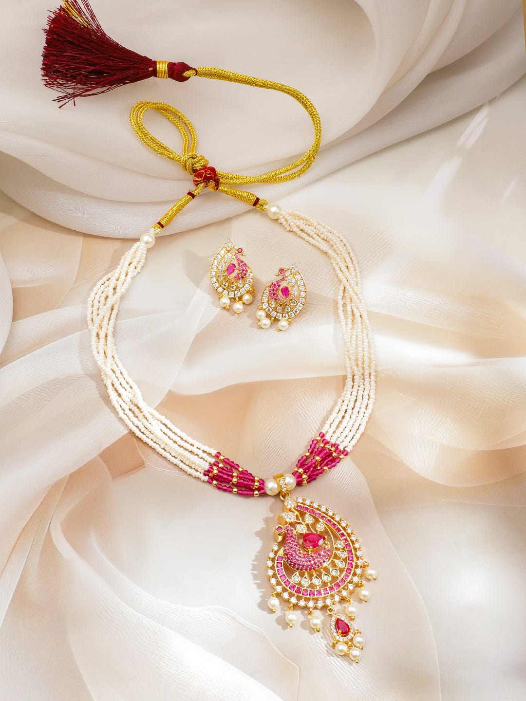Rubans 22K Gold-Plated Ruby Pink, Cubic Zirconia & White Pearl Beaded Peacock Pendant Necklace Set