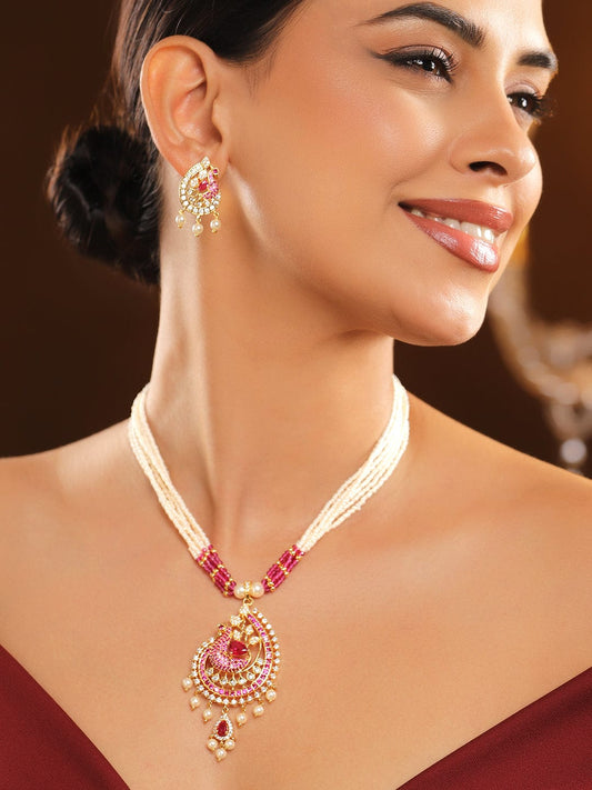 Rubans 22K Gold-Plated Ruby Pink, Cubic Zirconia & White Pearl Beaded Peacock Pendant Necklace Set