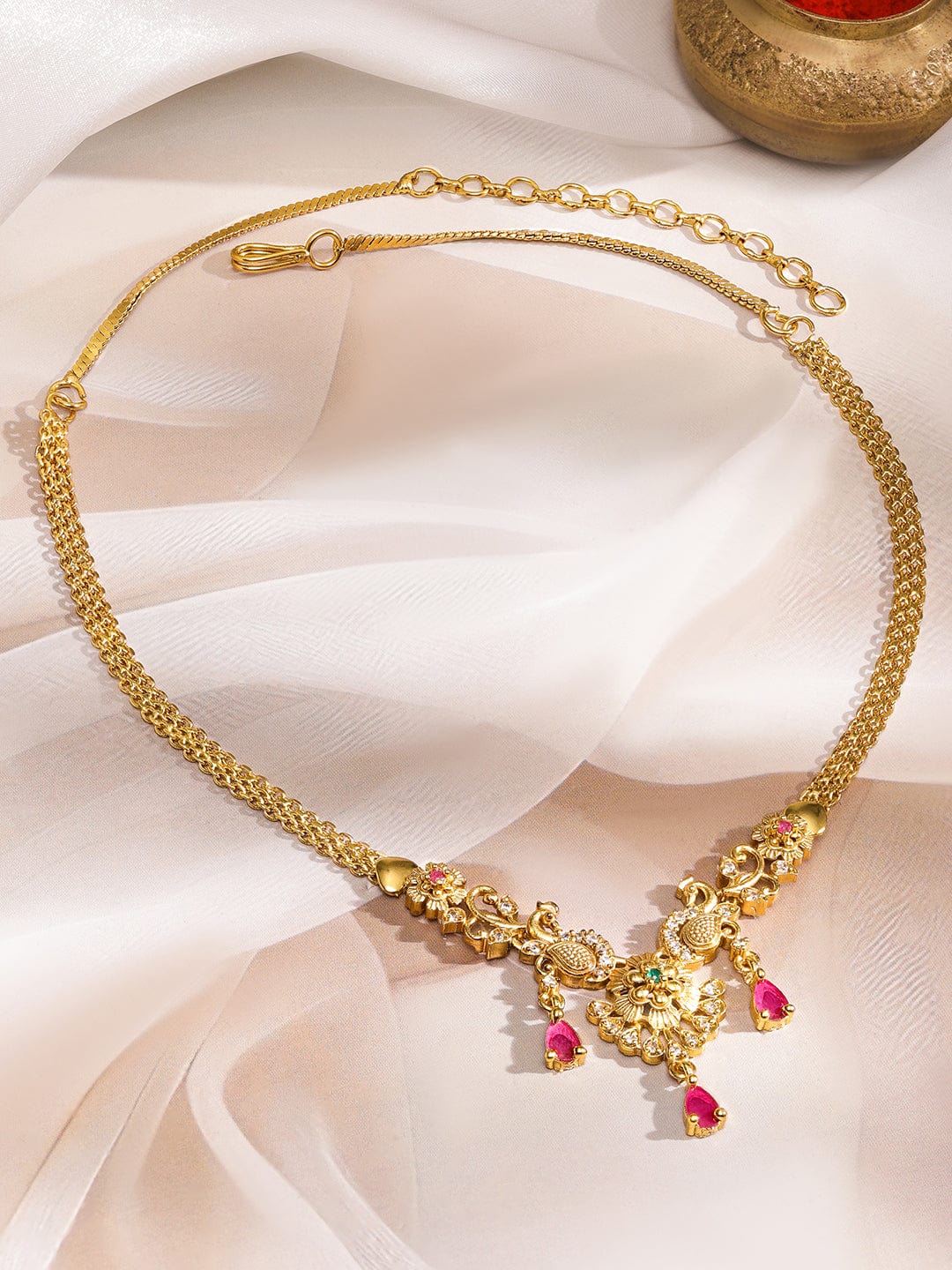 Rubans 22K Gold-Plated Ruby Pink Drop & Peacock Motif & Floral Charms Chain Necklace