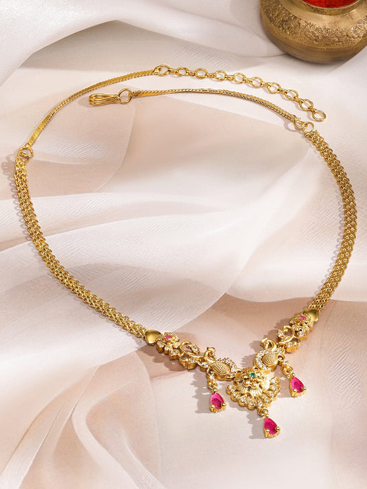 Rubans 22K Gold-Plated Ruby Pink Drop & Peacock Motif & Floral Charms Chain Necklace