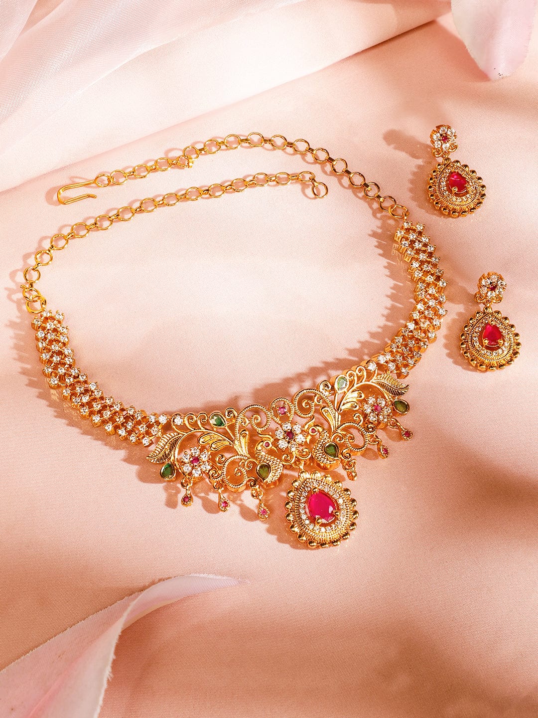 Rubans 22K Gold-Plated Ruby Pink & Emerald Cubic Zirconia Studded Handcrafted Necklace Set
