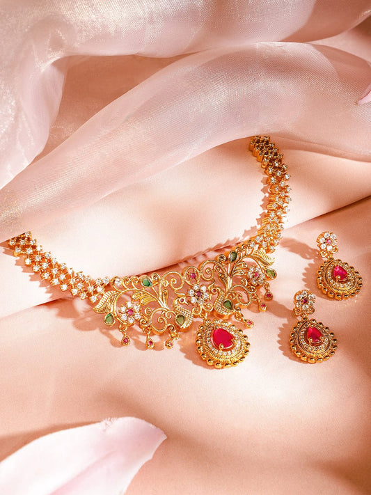 Rubans 22K Gold-Plated Ruby Pink & Emerald Cubic Zirconia Studded Handcrafted Necklace Set