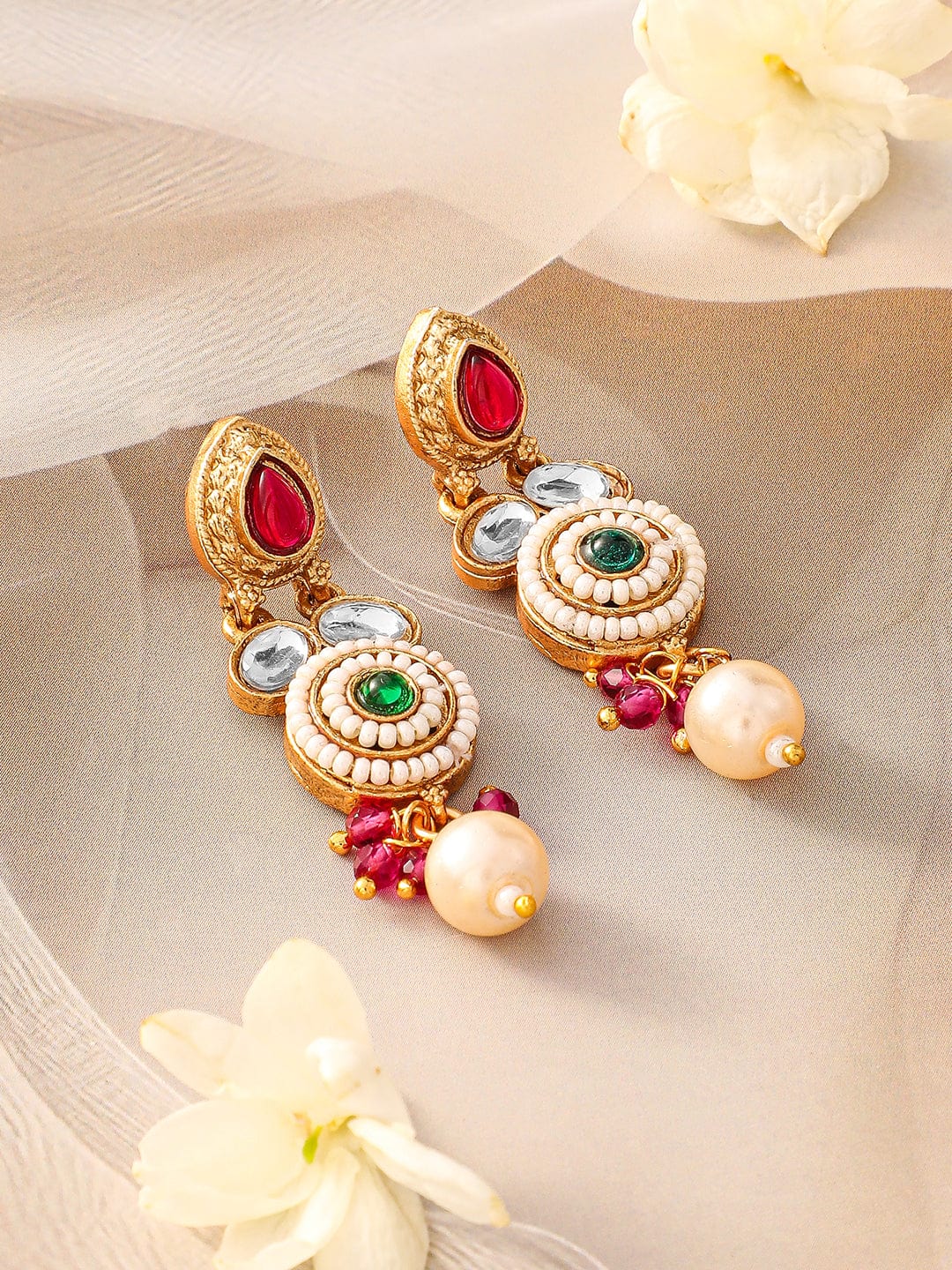 Rubans 22K Gold-Plated Ruby Pink, Emerald Green, Kundan & Pearl Bead Accents Necklace Set