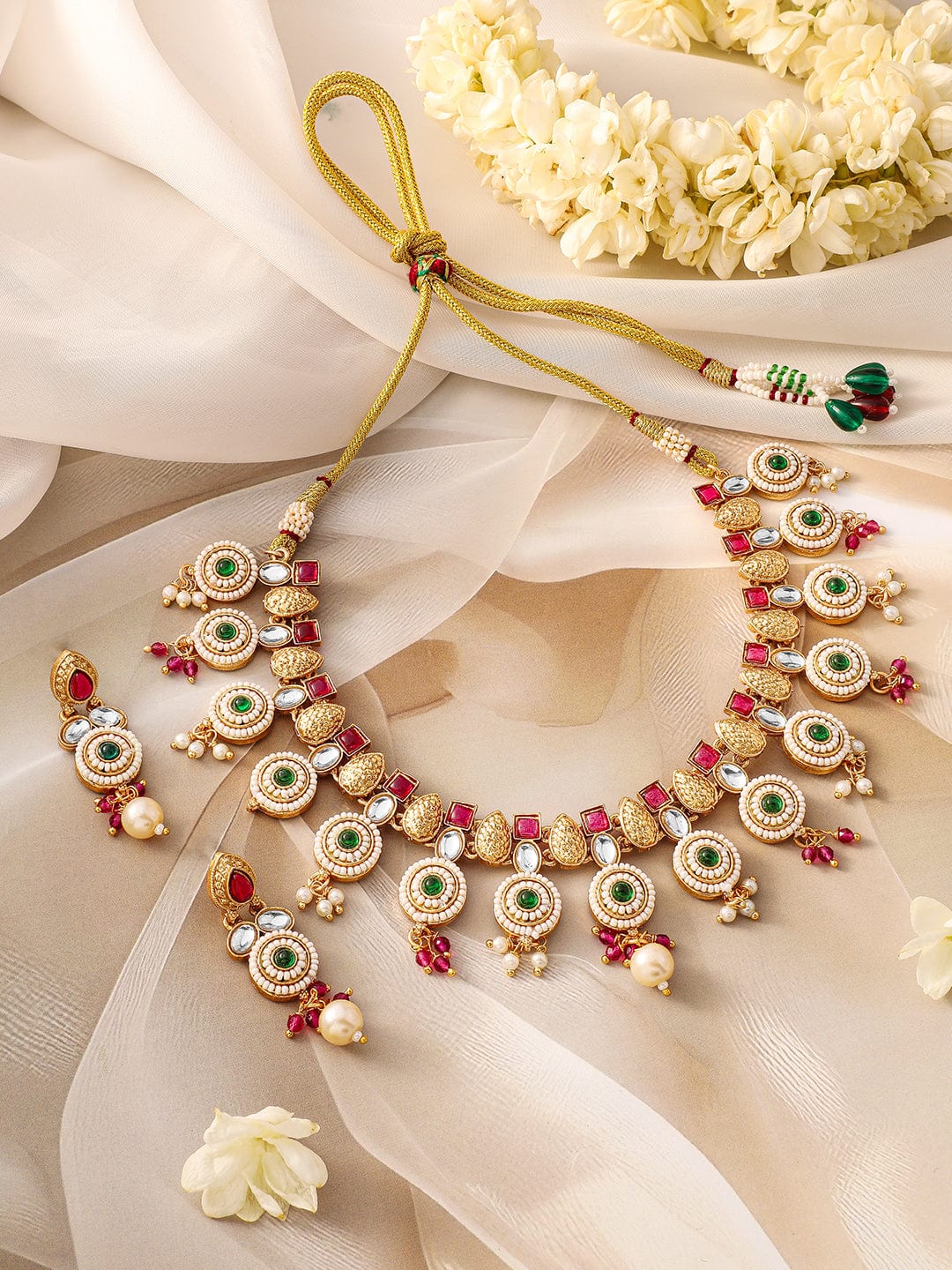 Rubans 22K Gold-Plated Ruby Pink, Emerald Green, Kundan & Pearl Bead Accents Necklace Set