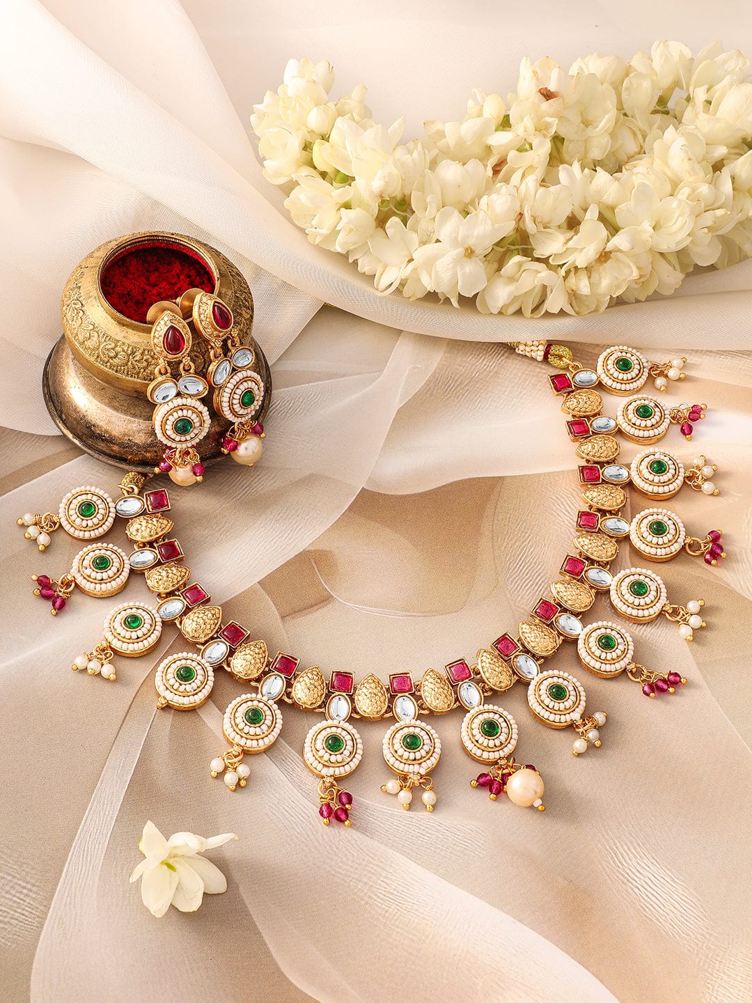 Rubans 22K Gold-Plated Ruby Pink, Emerald Green, Kundan & Pearl Bead Accents Necklace Set