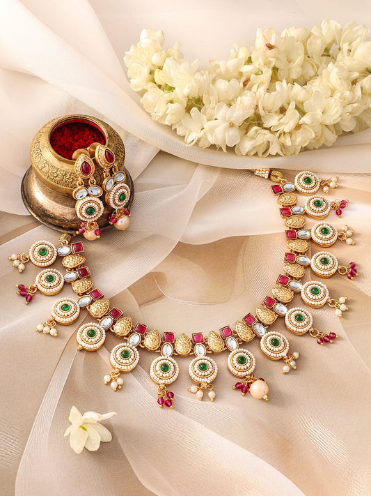 Rubans 22K Gold-Plated Ruby Pink, Emerald Green, Kundan & Pearl Bead Accents Necklace Set