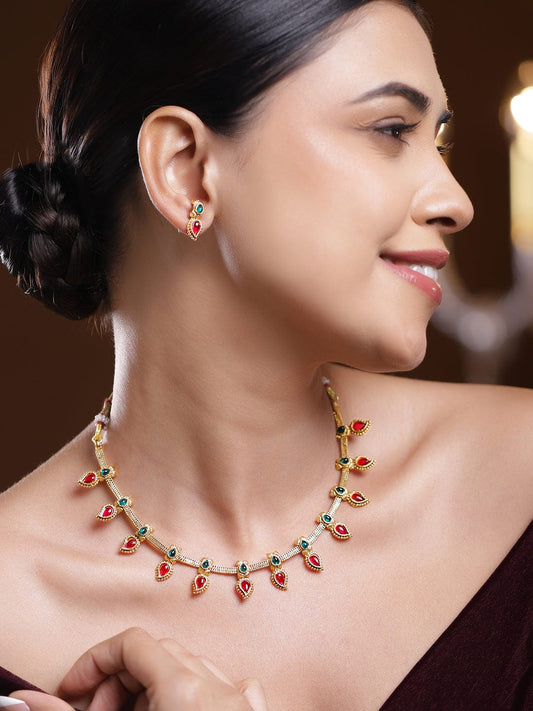 Rubans 22K Gold-Plated Ruby Pink & Emerald Green Stone-Studded Necklace Set with Drop Danglers