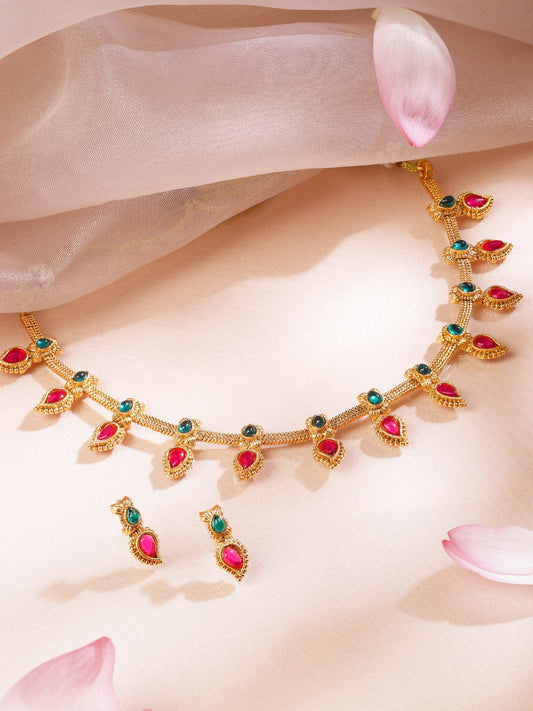 Rubans 22K Gold-Plated Ruby Pink & Emerald Green Stone-Studded Necklace Set with Drop Danglers