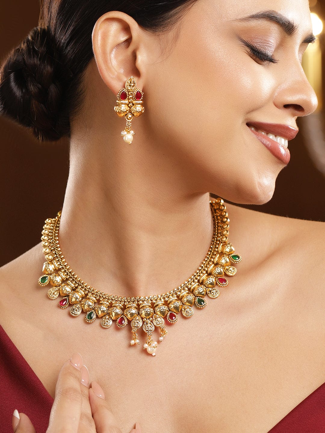 Rubans 22K Gold-Plated Ruby Pink & Emerald Necklace Set with Golden Beaded Design and Pearl Drops