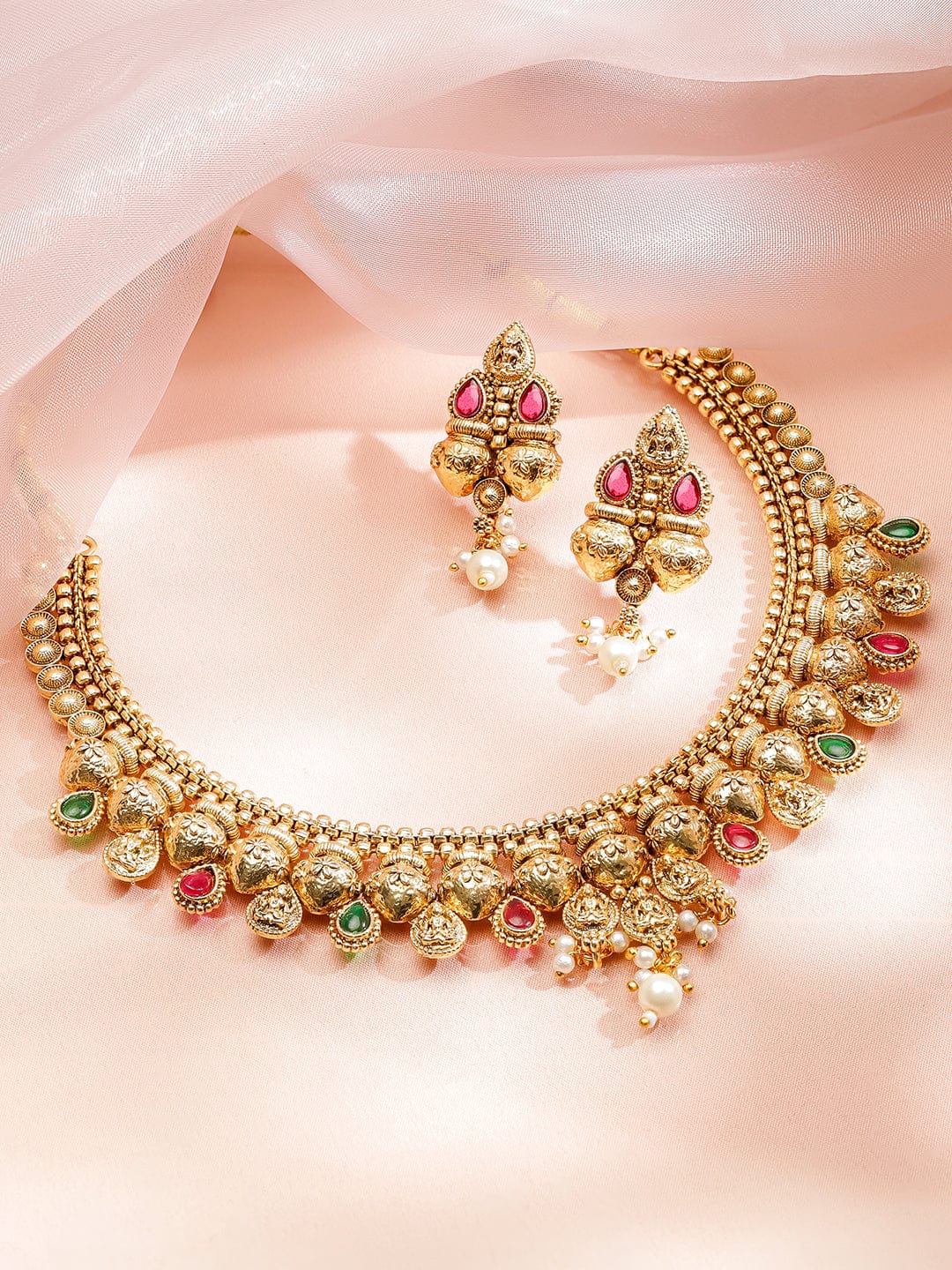 Rubans 22K Gold-Plated Ruby Pink & Emerald Necklace Set with Golden Beaded Design and Pearl Drops