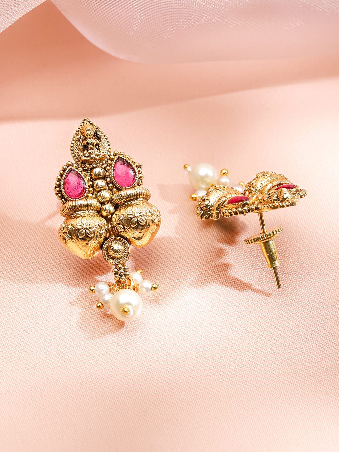 Rubans 22K Gold-Plated Ruby Pink & Emerald Necklace Set with Golden Beaded Design and Pearl Drops
