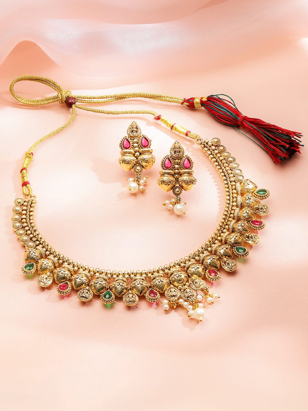 Rubans 22K Gold-Plated Ruby Pink & Emerald Necklace Set with Golden Beaded Design and Pearl Drops