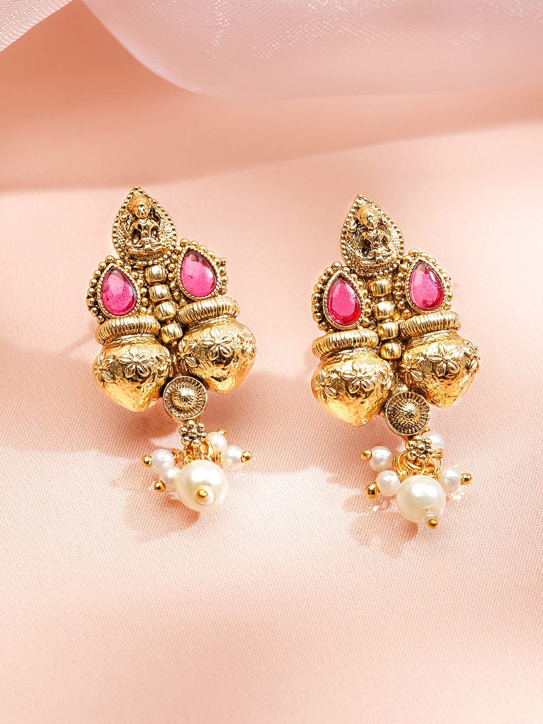 Rubans 22K Gold-Plated Ruby Pink & Emerald Necklace Set with Golden Beaded Design and Pearl Drops