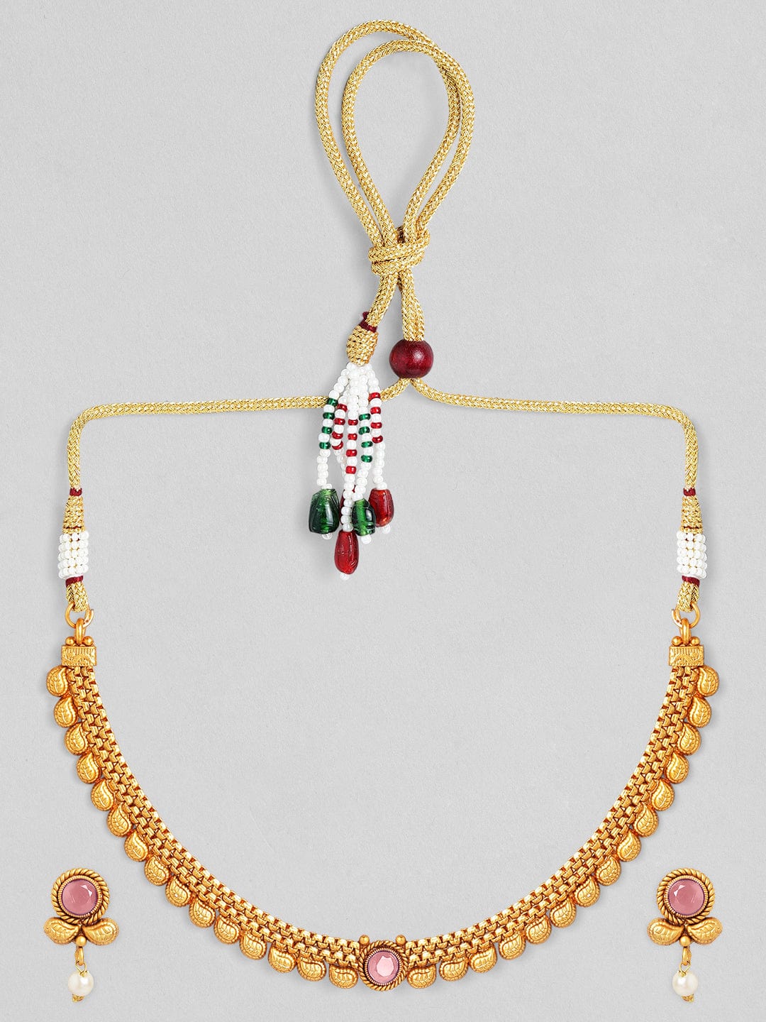 Rubans 22K Gold-Plated Ruby Pink & Pearl Beaded Traditional Necklace Set