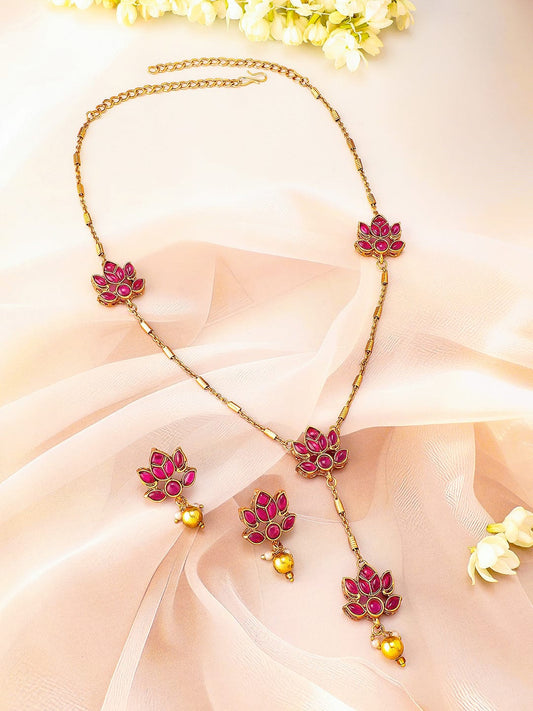 Rubans 22K Gold Plated Ruby Pink Studded Layered Lotus Motif Necklace Set