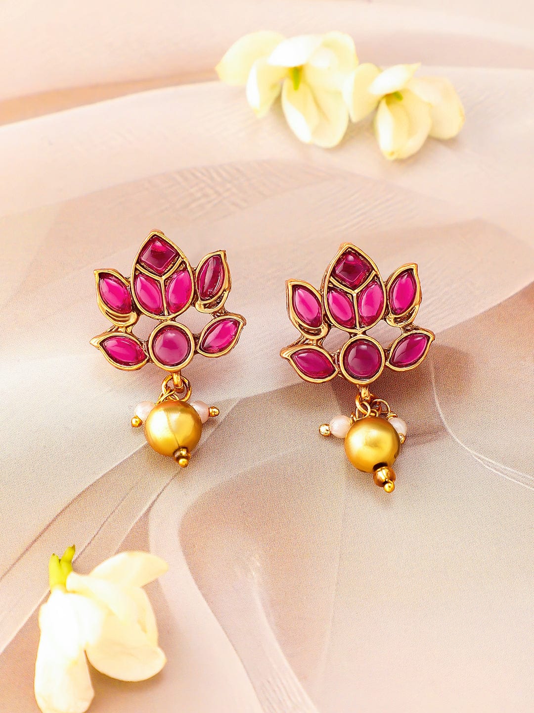 Rubans 22K Gold Plated Ruby Pink Studded Layered Lotus Motif Necklace Set