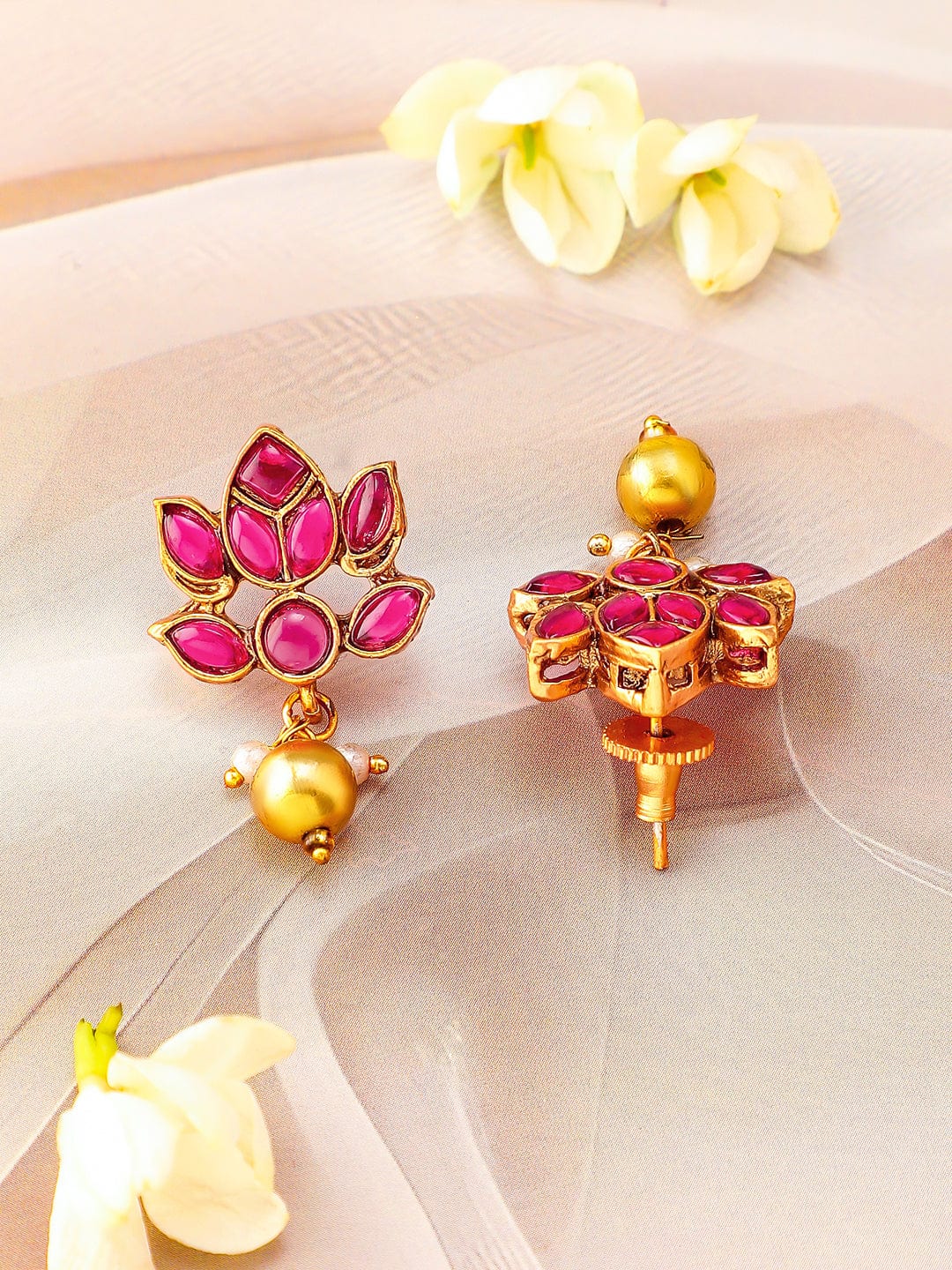 Rubans 22K Gold Plated Ruby Pink Studded Layered Lotus Motif Necklace Set