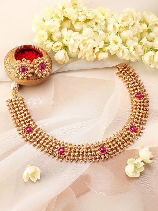 Rubans 22K Gold-Plated Ruby Pink Studded Traditional Choker Necklace Set with Gold Beads