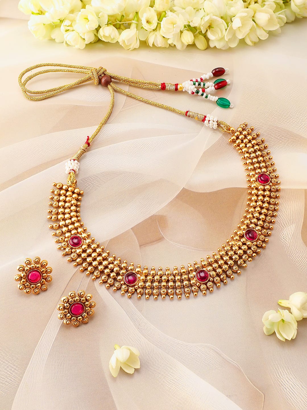 Rubans 22K Gold-Plated Ruby Pink Studded Traditional Choker Necklace Set with Gold Beads