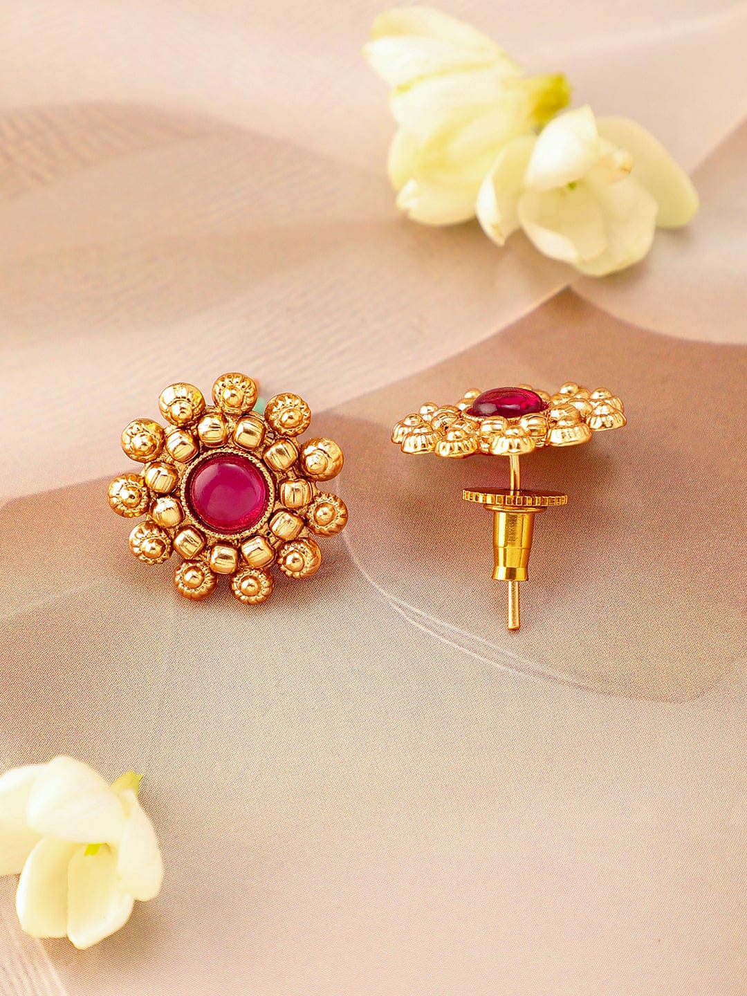 Rubans 22K Gold-Plated Ruby Pink Studded Traditional Choker Necklace Set with Gold Beads