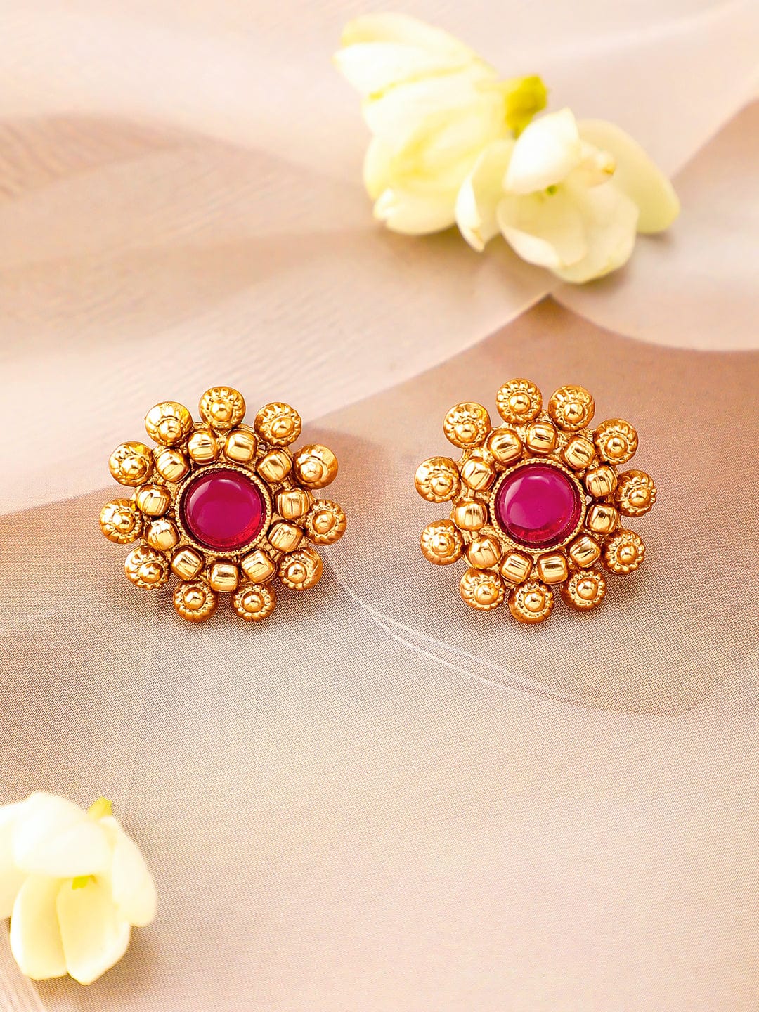 Rubans 22K Gold-Plated Ruby Pink Studded Traditional Choker Necklace Set with Gold Beads