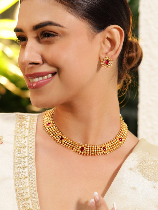 Rubans 22K Gold-Plated Ruby Pink Studded Traditional Choker Necklace Set with Gold Beads