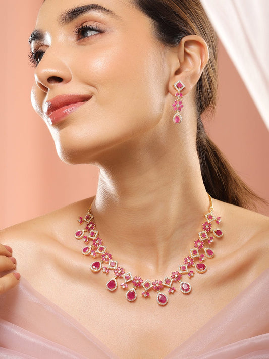 Rubans 22K Gold-Plated Ruby Pink & White Cubic Zirconia Studded Floral Drop Necklace Set