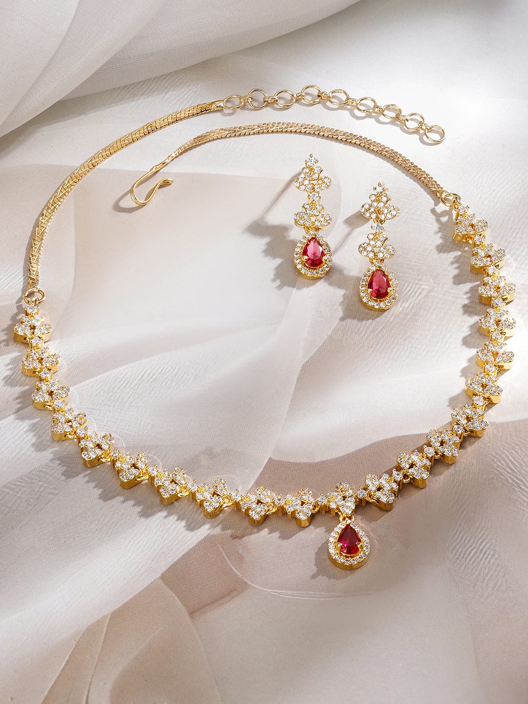 Rubans 22K Gold-Plated Ruby Pink & White Cubic Zirconia Studded Necklace Set with Earrings