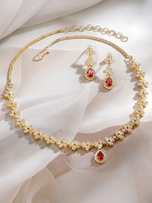 Rubans 22K Gold-Plated Ruby Pink & White Cubic Zirconia Studded Necklace Set with Earrings