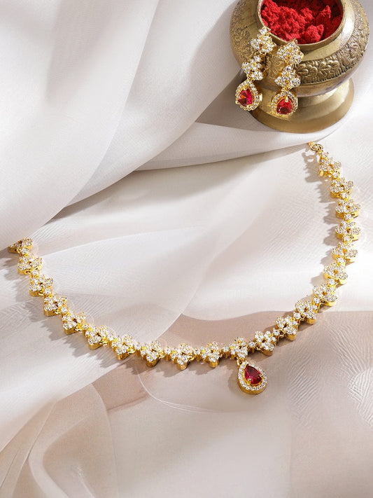 Rubans 22K Gold-Plated Ruby Pink & White Cubic Zirconia Studded Necklace Set with Earrings