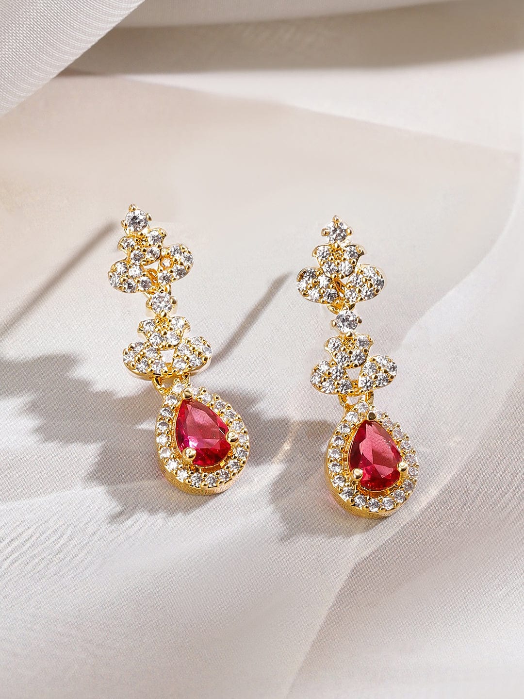 Rubans 22K Gold-Plated Ruby Pink & White Cubic Zirconia Studded Necklace Set with Earrings