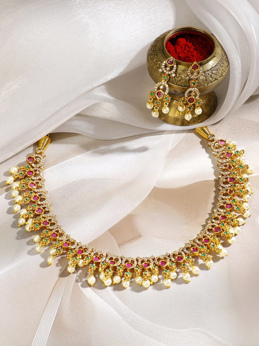 Rubans 22K Gold-Plated Ruby Red & Emerald Green Stone Studded Pearl Beaded Traditional Necklace Set