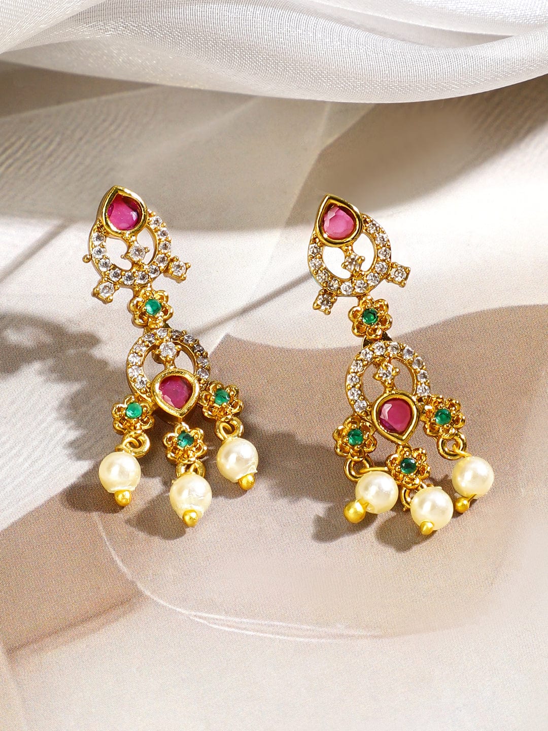 Rubans 22K Gold-Plated Ruby Red & Emerald Green Stone Studded Pearl Beaded Traditional Necklace Set